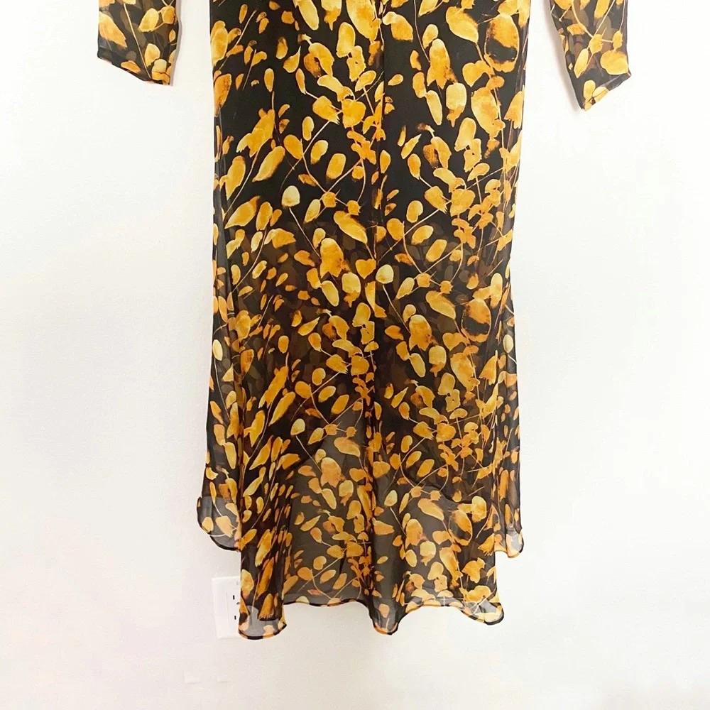 Sau Lee Michella Leaf Print Midi Dress Plunge Black Marigold Spring Boho Size 2 - Picture 7 of 15